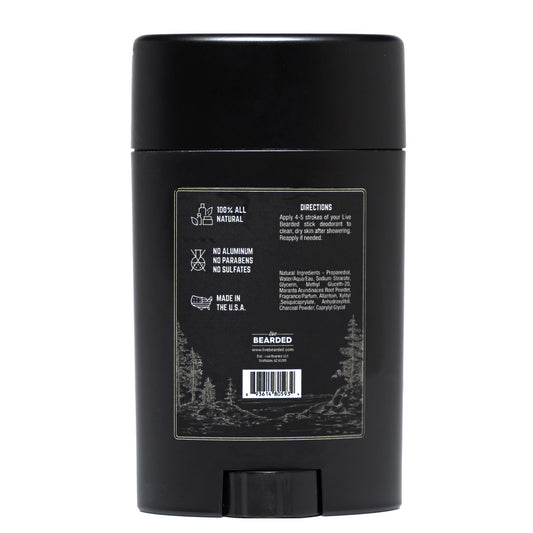 Live Bearded Canyon deodorant stick side view highlighting aluminum-free formula.