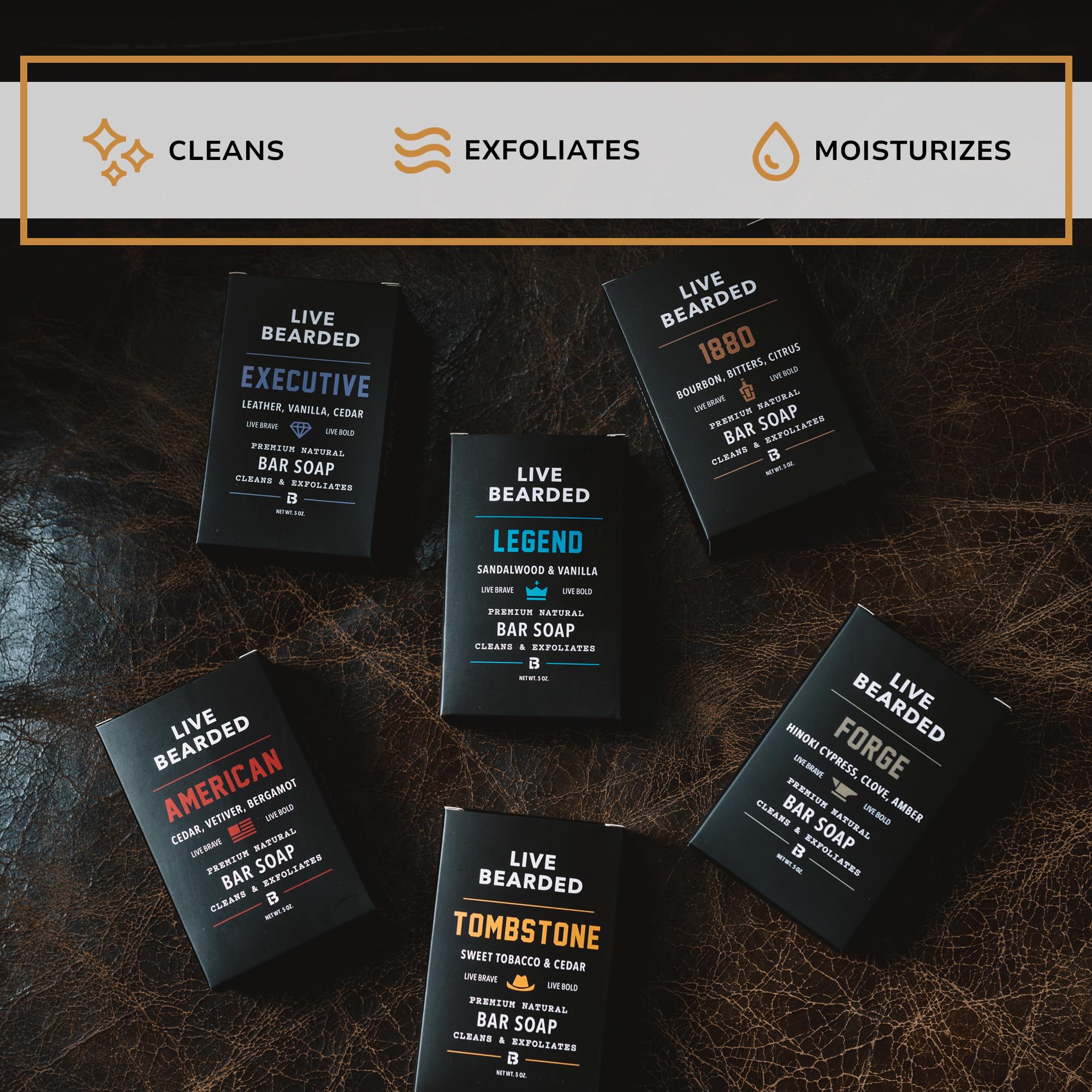 Live Bearded Tombstone bar soap 6-pack offering a masculine scent and rich lather.