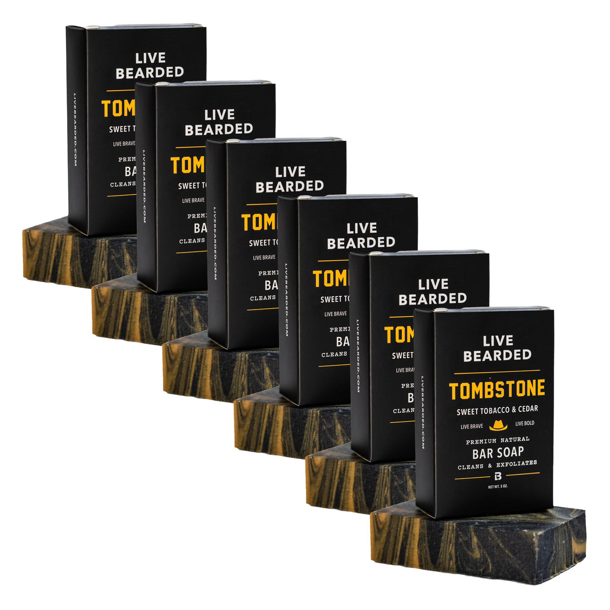 Live Bearded Tombstone bar soap with charcoal and pumice for exfoliating cleanse.