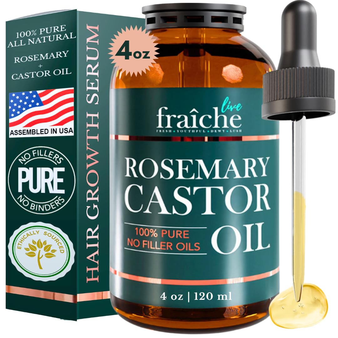 Live Fraiche Rosemary Castor Oil bottle shows pure blend for scalp conditioning