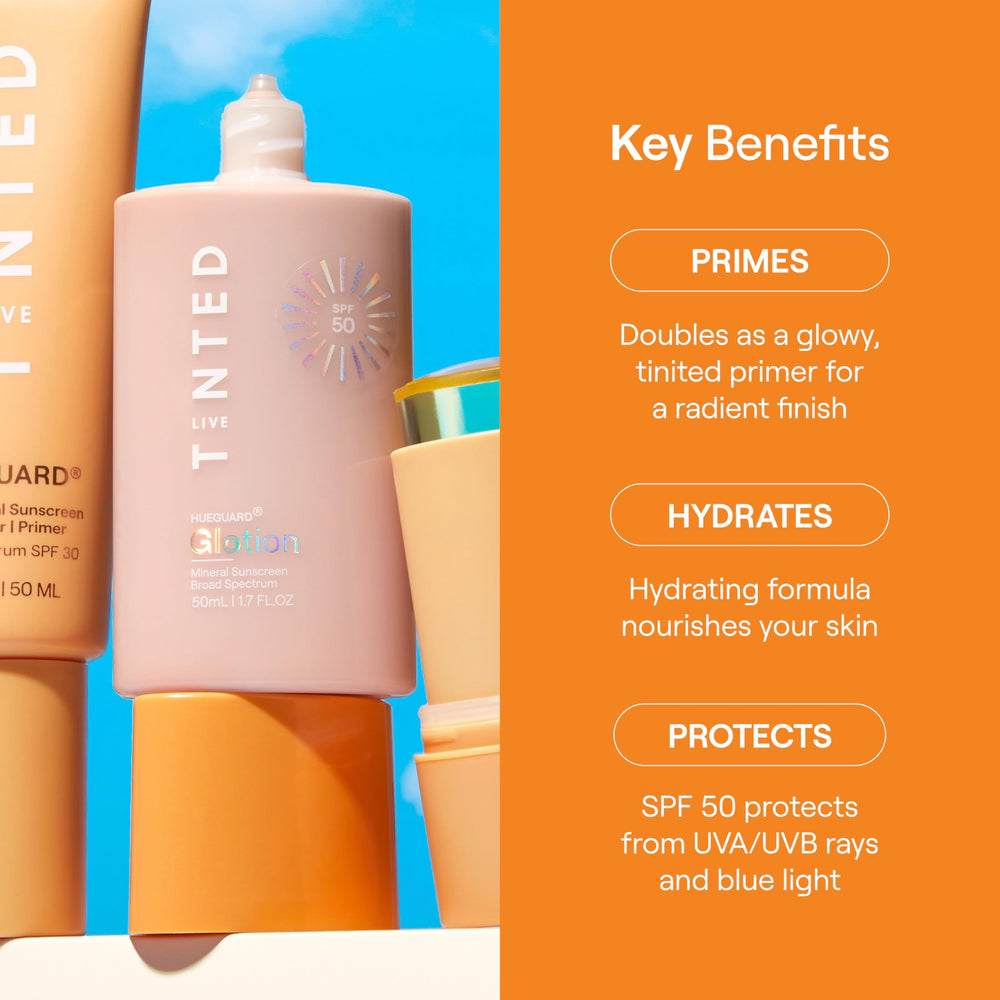 Live Tinted Hueguard Glotion packaging side view highlights clean formula