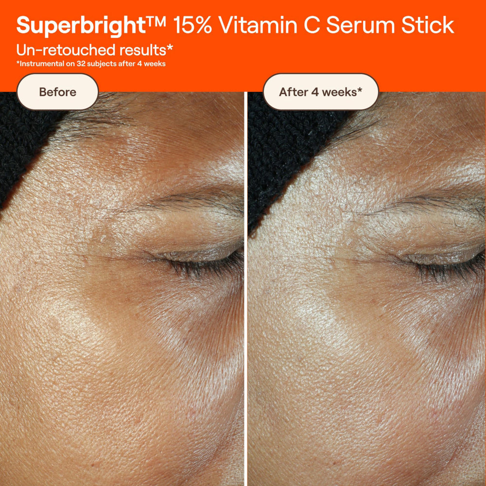 Live Tinted Superbright vitamin C serum stick texture closeup, radiance on skin.