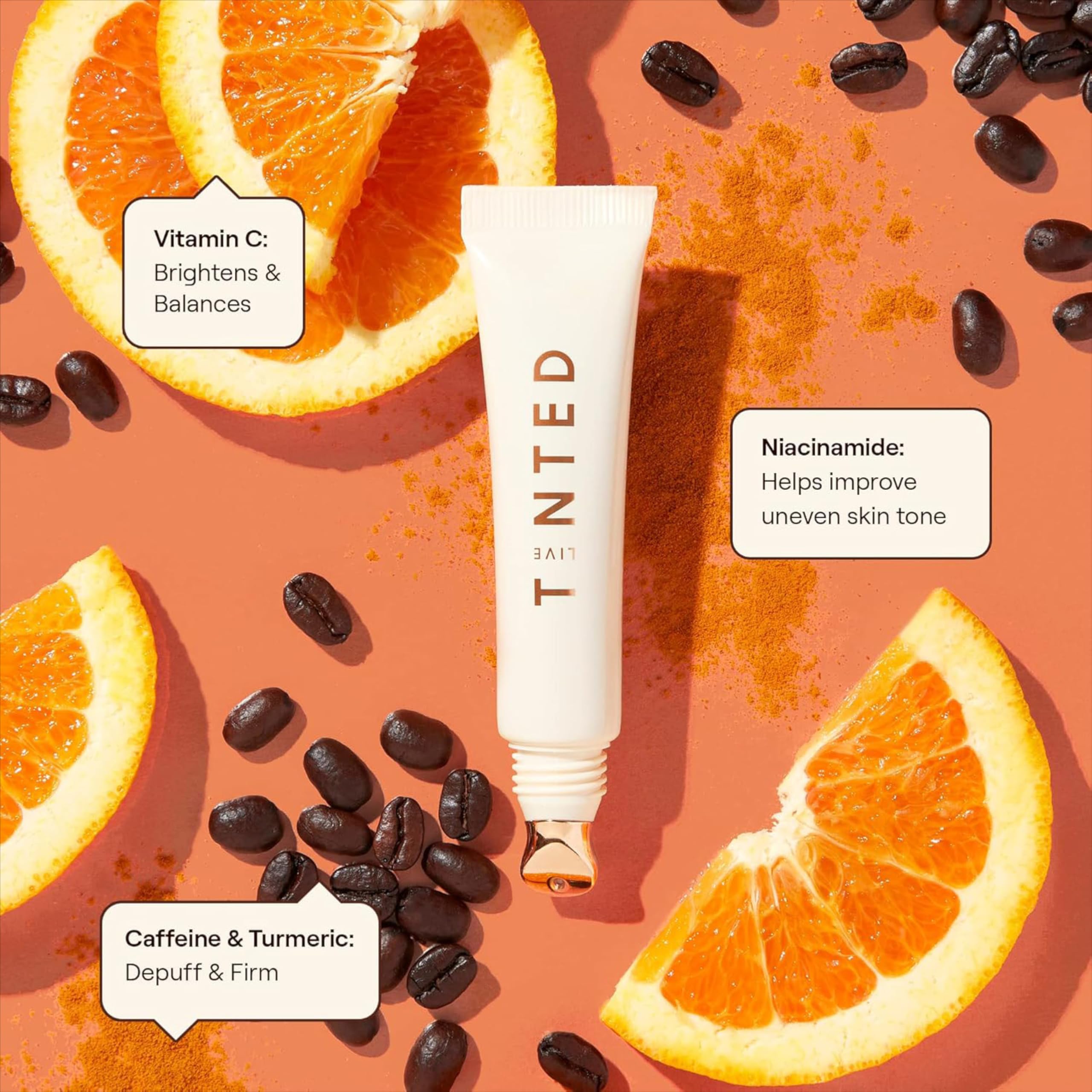 Live Tinted Superhue Eye Cream ingredients Niacinamide and Vitamin C for brightening benefits.