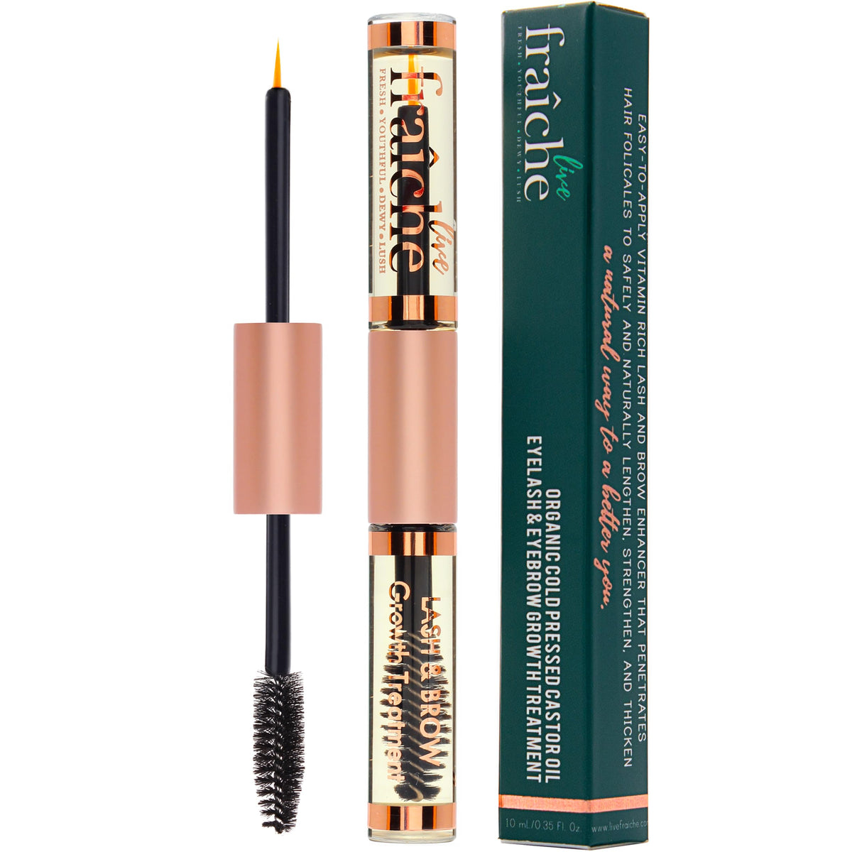 Live Fraiche castor oil lash serum bottle shown for conditioning and nourishment