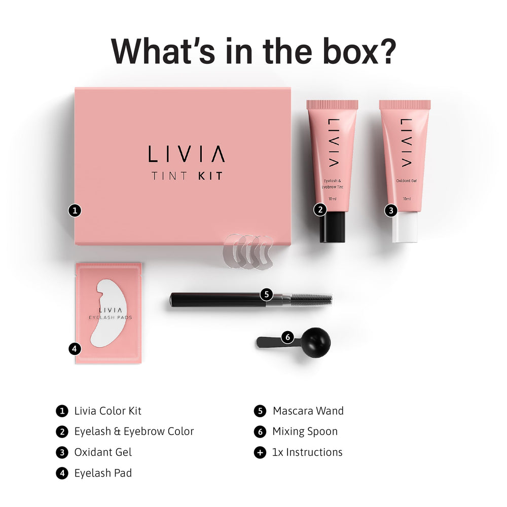 LIVIA lashes and brows after application with rich, natural-looking black color.