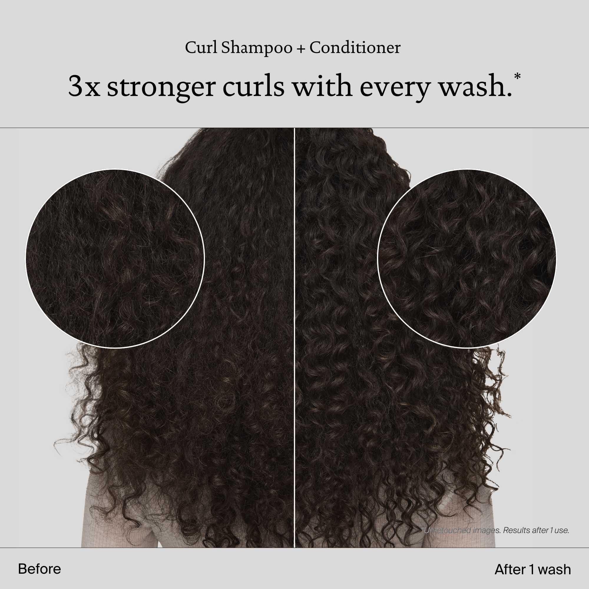 Living Proof Curl Shampoo on hair defines curls with smooth, healthy-looking shine.