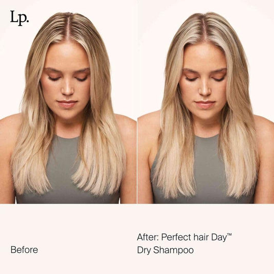 Living Proof Dry Shampoo bottle pour shows quick oil absorption and refreshed scent.
