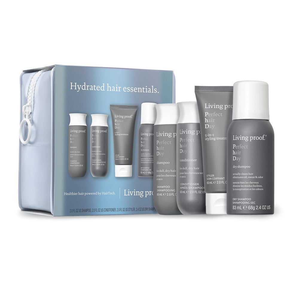 Living Proof Hydrated Hair Essentials Kit hero image highlighting 72 hour hydration and shine