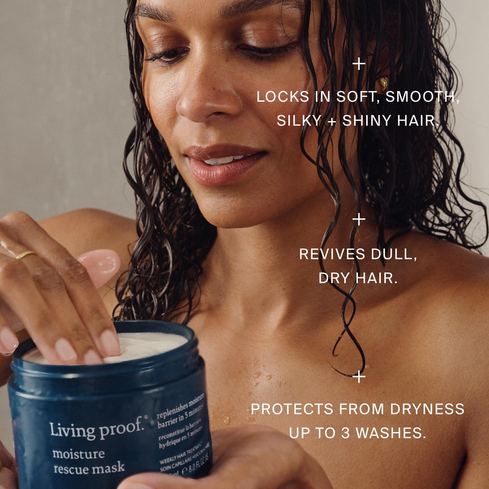 Living Proof Moisture Rescue Mask packaging emphasizes premium hydration for daily use.