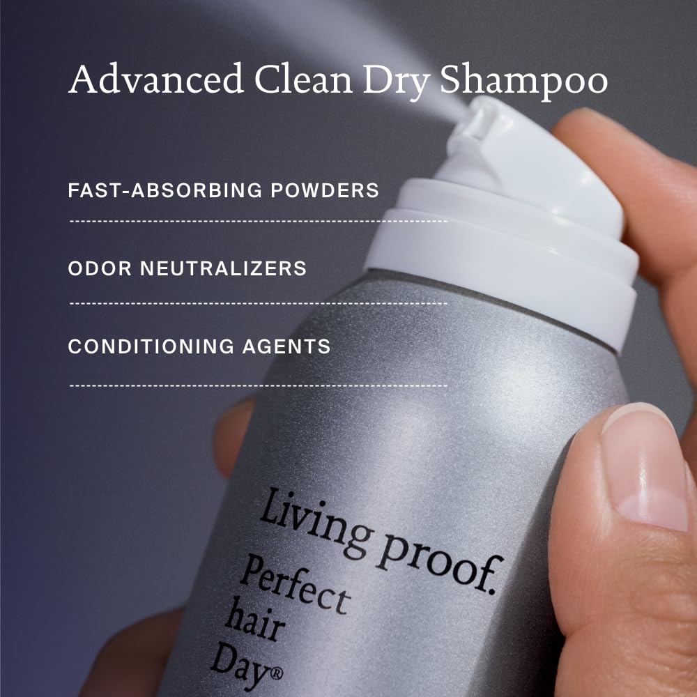 Living Proof On-the-go dry shampoo application for quick refresh between washes.
