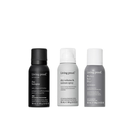 Living Proof Travel-Size Dry Stylers bundle packaging for on-the-go volume and texture.