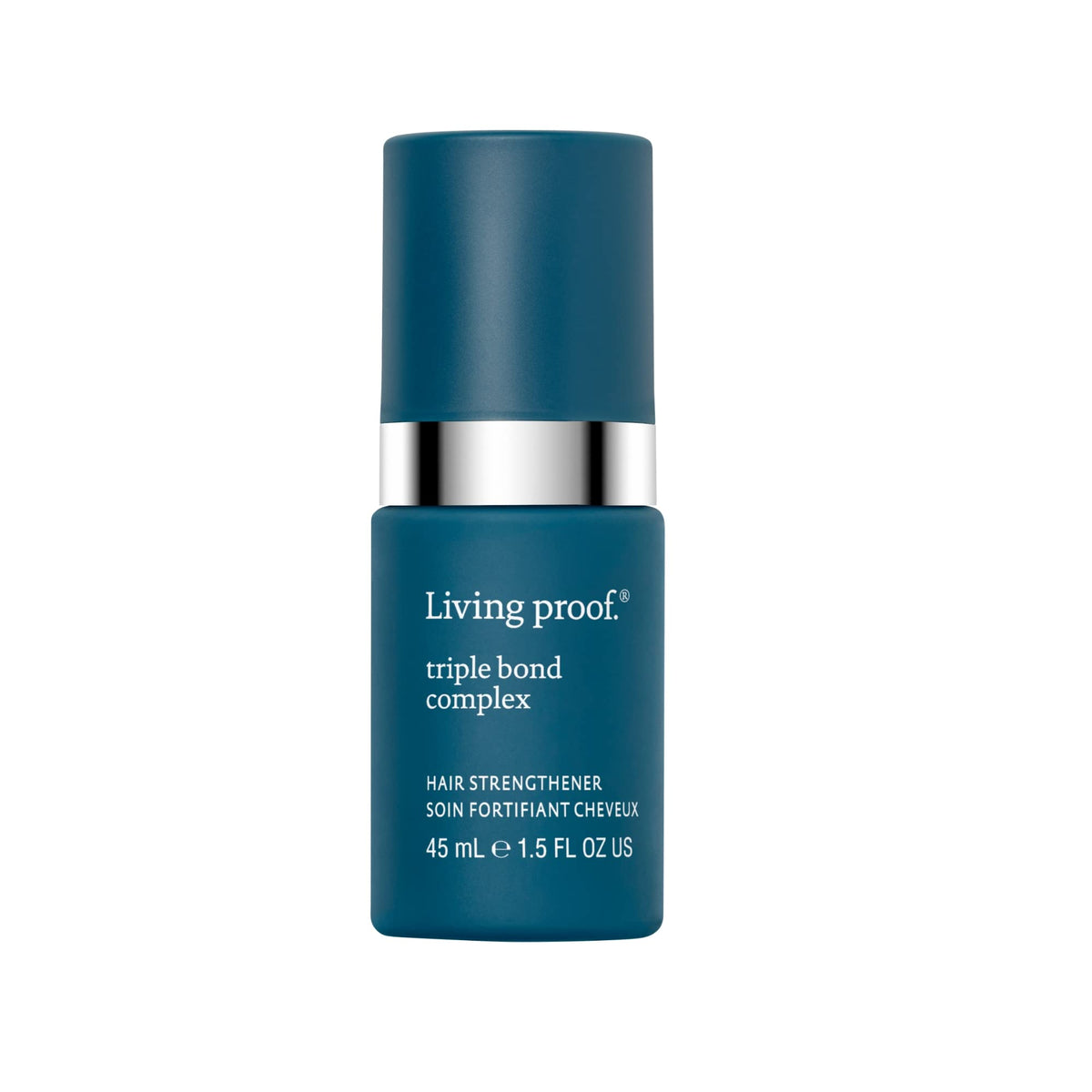 Living Proof Triple Bond Complex leave-in bottle close-up for stronger, healthier-feeling hair.