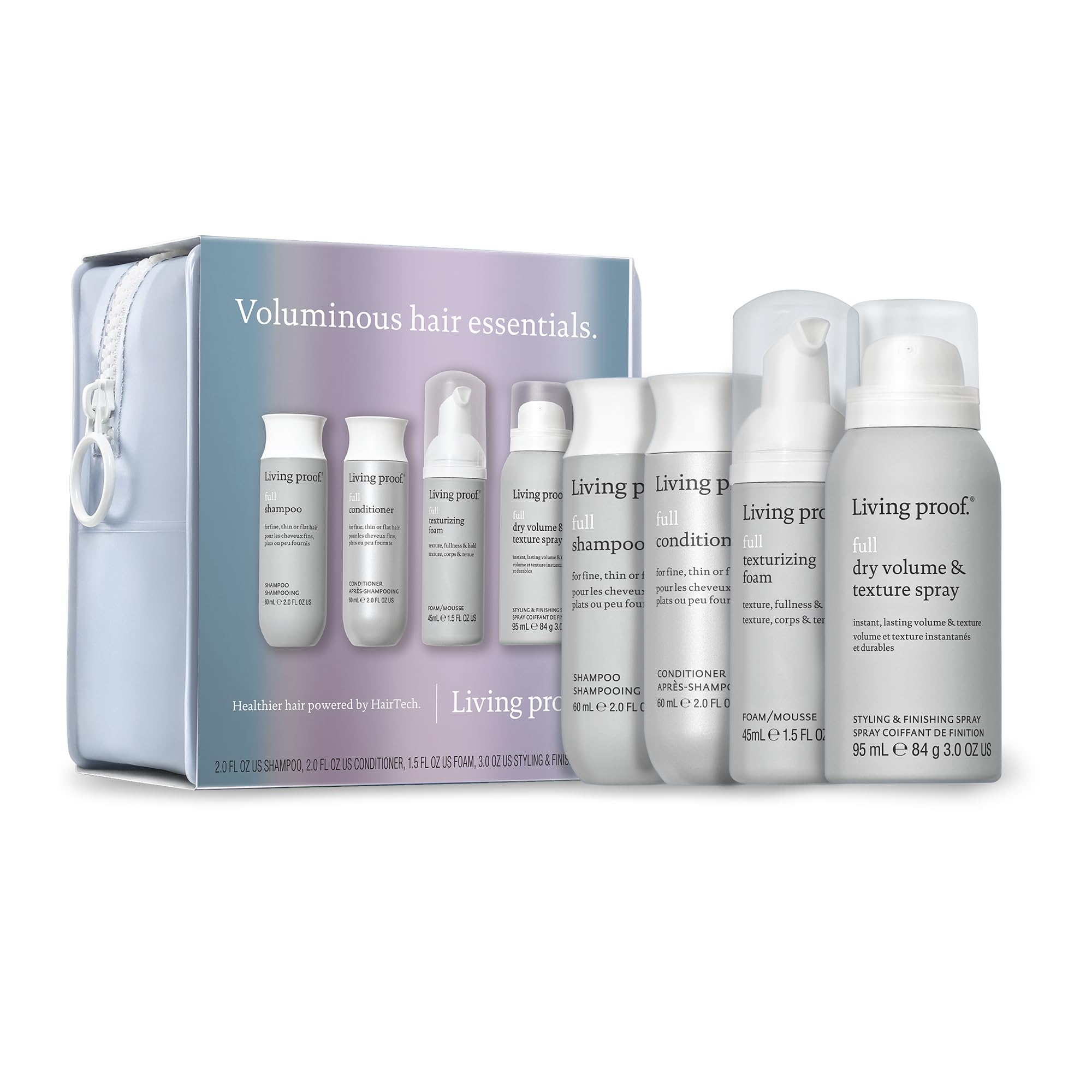 Living Proof Voluminous Hair Essentials Kit shampoo bottle boosts volume after washing.