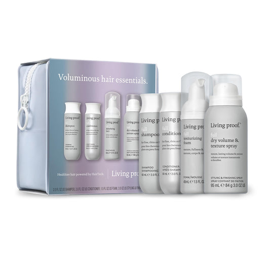 Living Proof Voluminous Hair Essentials Kit shampoo bottle boosts volume after washing.