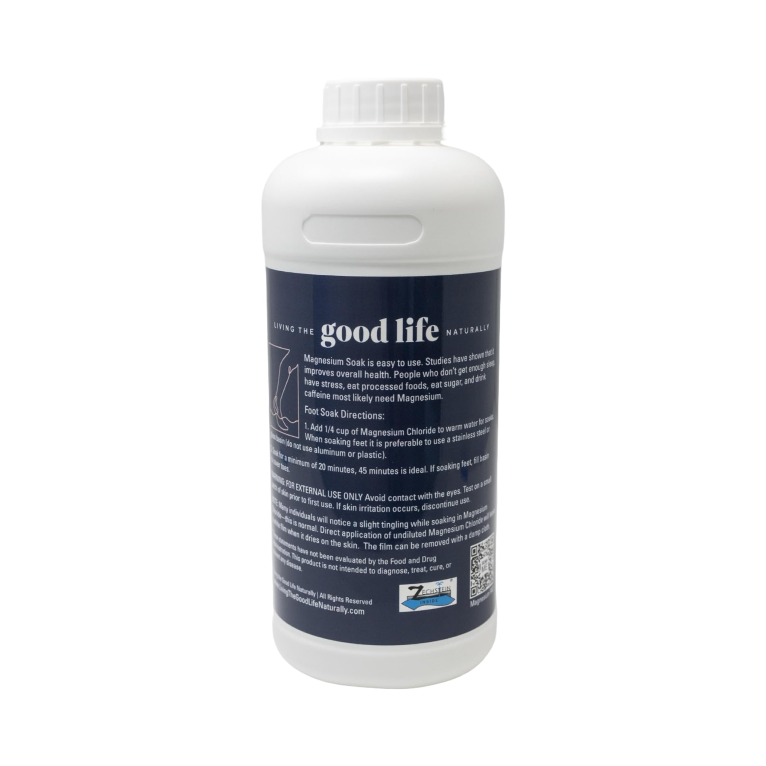 Label closeup of Living the Good Life Naturally magnesium soak with EU-certified formula.