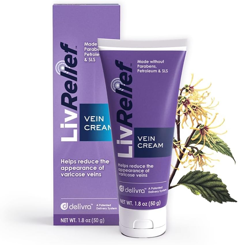LivRelief varicose veins cream bottle, smoothing leg appearance over time.