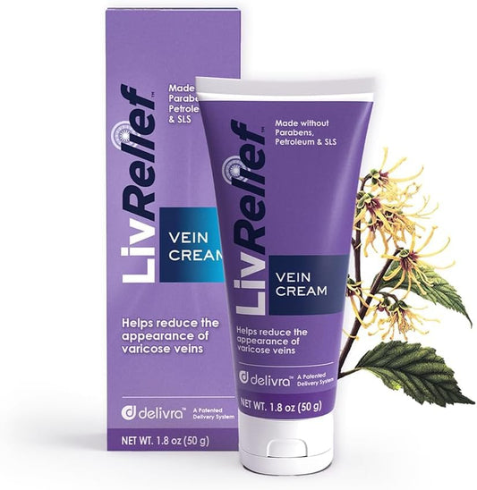 LivRelief varicose veins cream bottle, smoothing leg appearance over time.