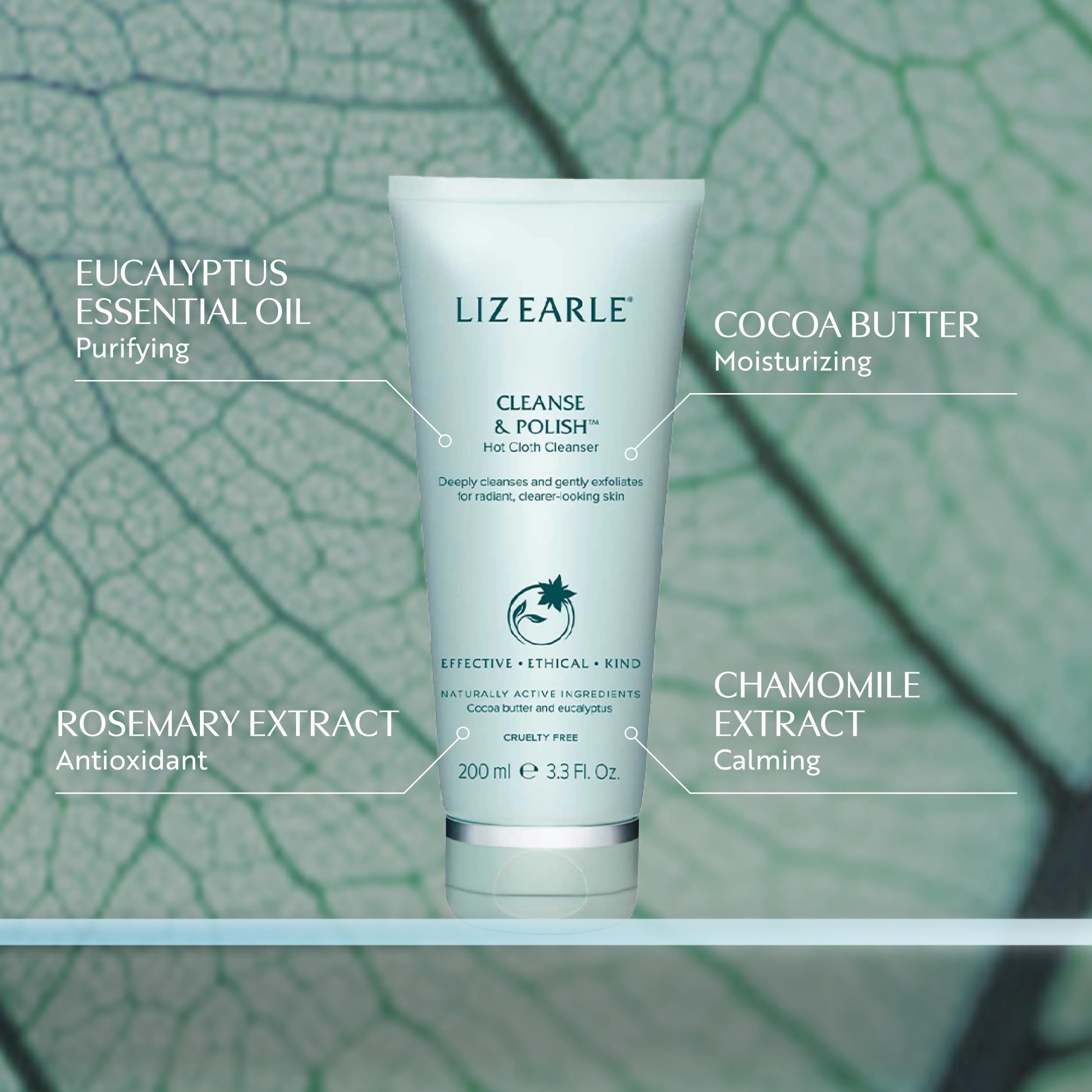 Creamy cleanser texture close-up highlighting cocoa butter and chamomile for soothing cleanse
