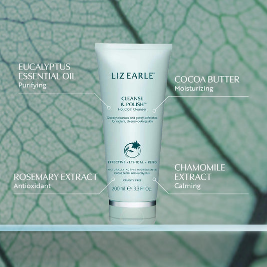 Creamy cleanser texture close-up highlighting cocoa butter and chamomile for soothing cleanse
