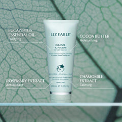Creamy cleanser texture close-up highlighting cocoa butter and chamomile for soothing cleanse