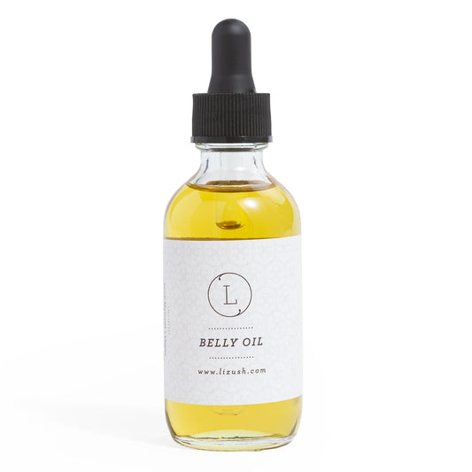 Lizush Belly Oil bottle front shows gentle, organic pregnancy care.
