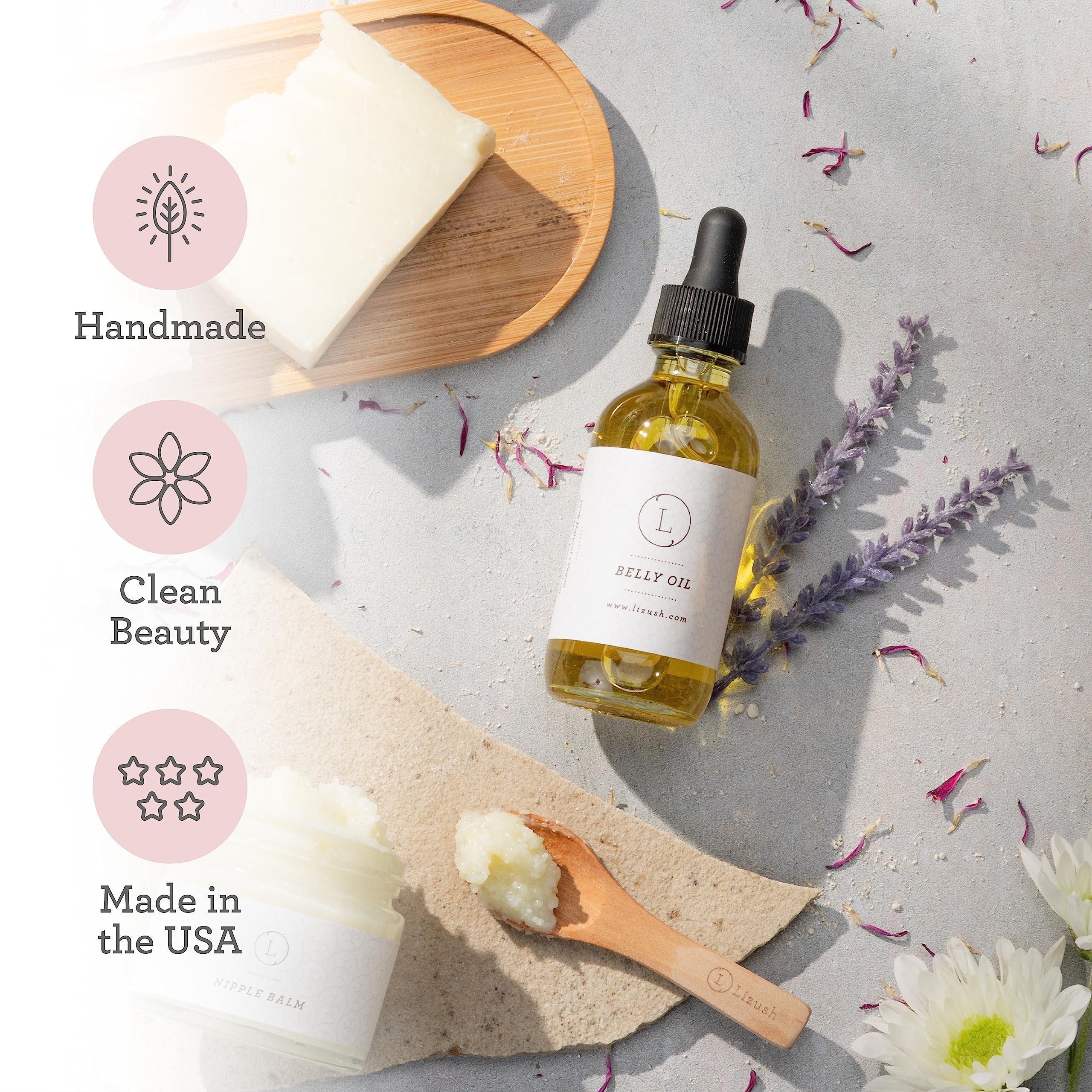 Pour of Lizush Belly Oil suggests fast-absorbing, non-greasy hydration.
