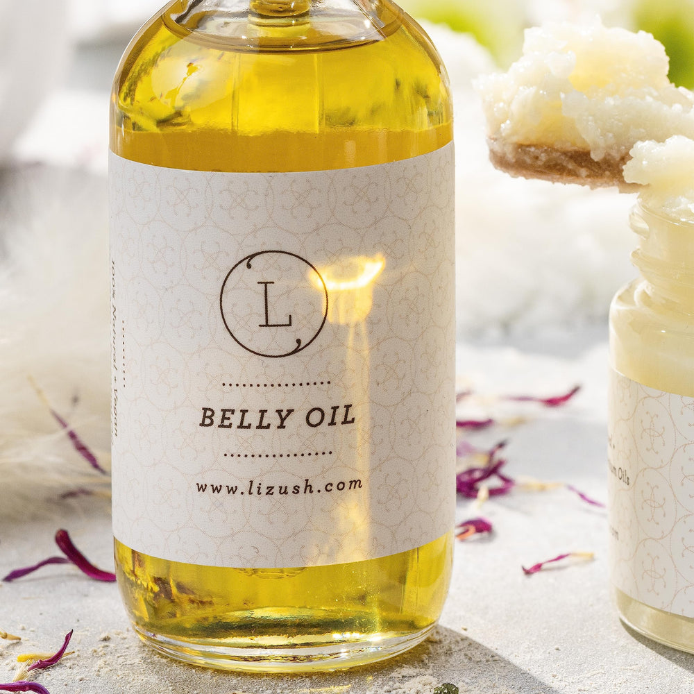 USA handmade label on Lizush Belly Oil packaging.