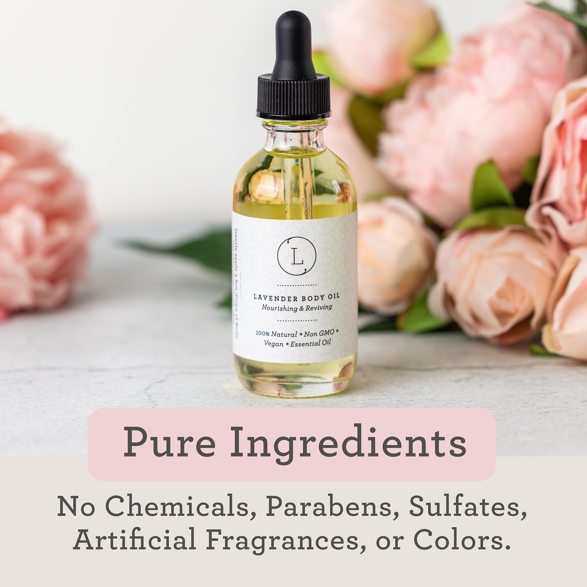 Travel-friendly Lizush Lavender Body Oil in 2 oz glass bottle with dropper.