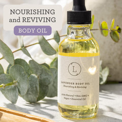 Lizush Lavender Body Oil ingredients label showing natural vegan formula for nourished skin.