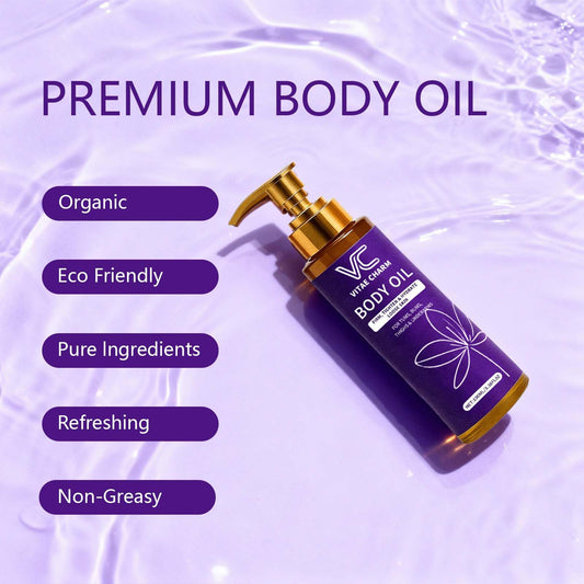 LJOQM Vitae Charm bottle close up highlights rich natural oils for moisture