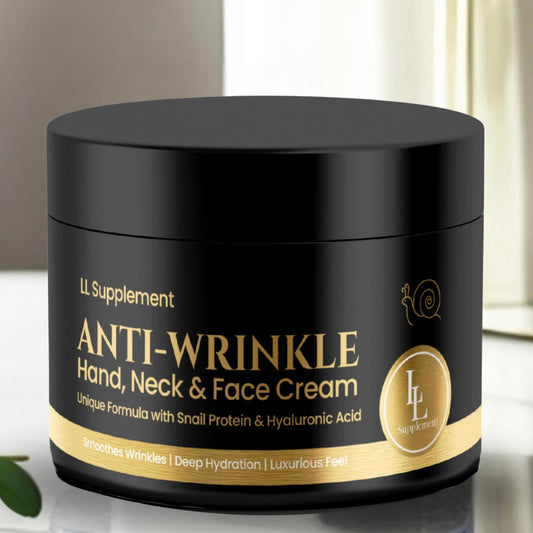 LL Supplement Anti-Wrinkle Cream bottle close-up, showcasing premium hydration for facial care.