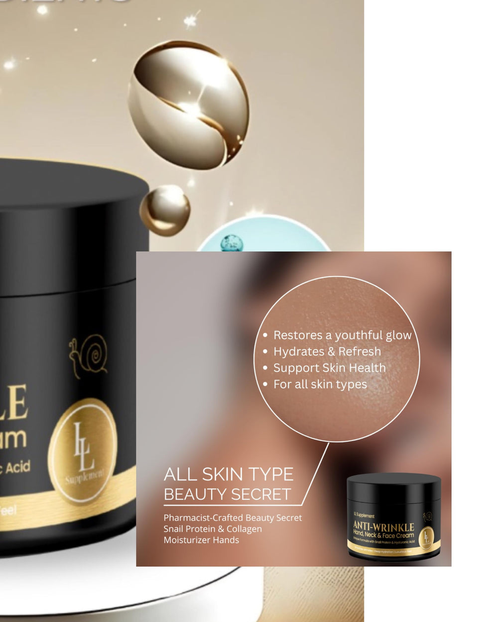 LL Supplement Anti-Wrinkle Cream on neck area for smoother texture.