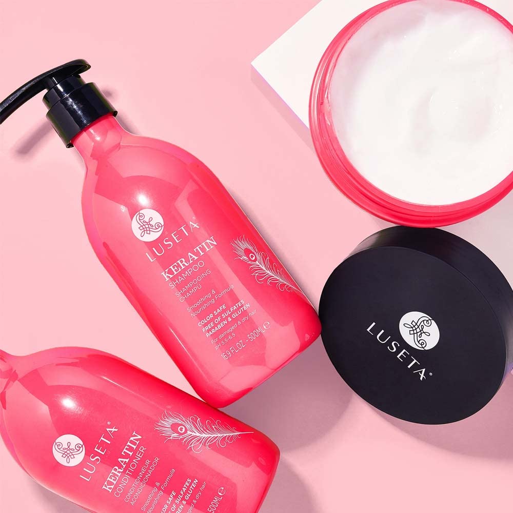 L LUSETA conditioner application shows anti-frizz and strengthening care.