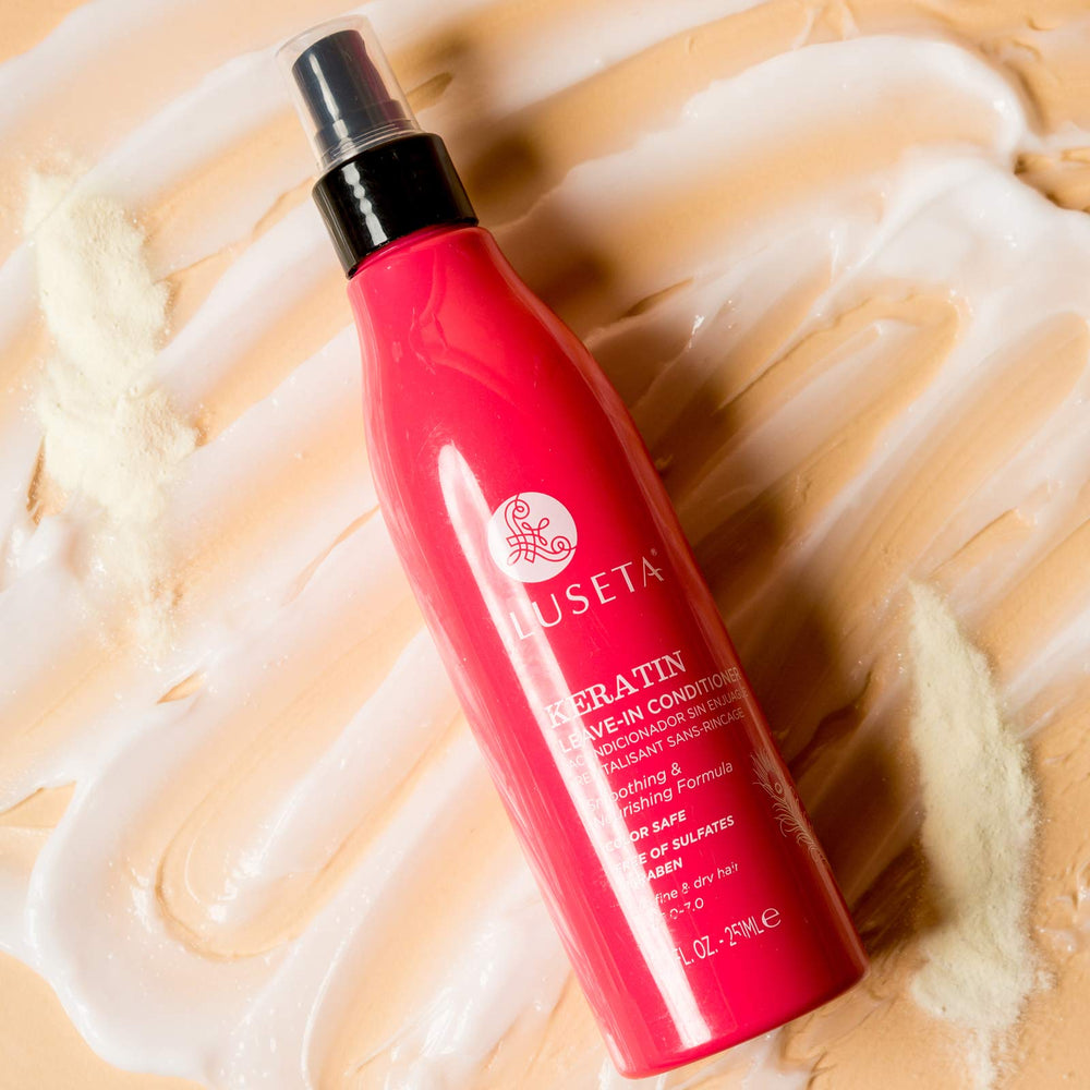 Luseta Keratin Leave-In Conditioner pump demonstrates easy application and smoothing results