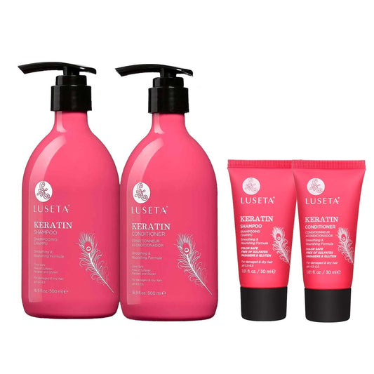 L LUSETA Keratin Shampoo bottle pour for smoother, shinier color-treated hair.