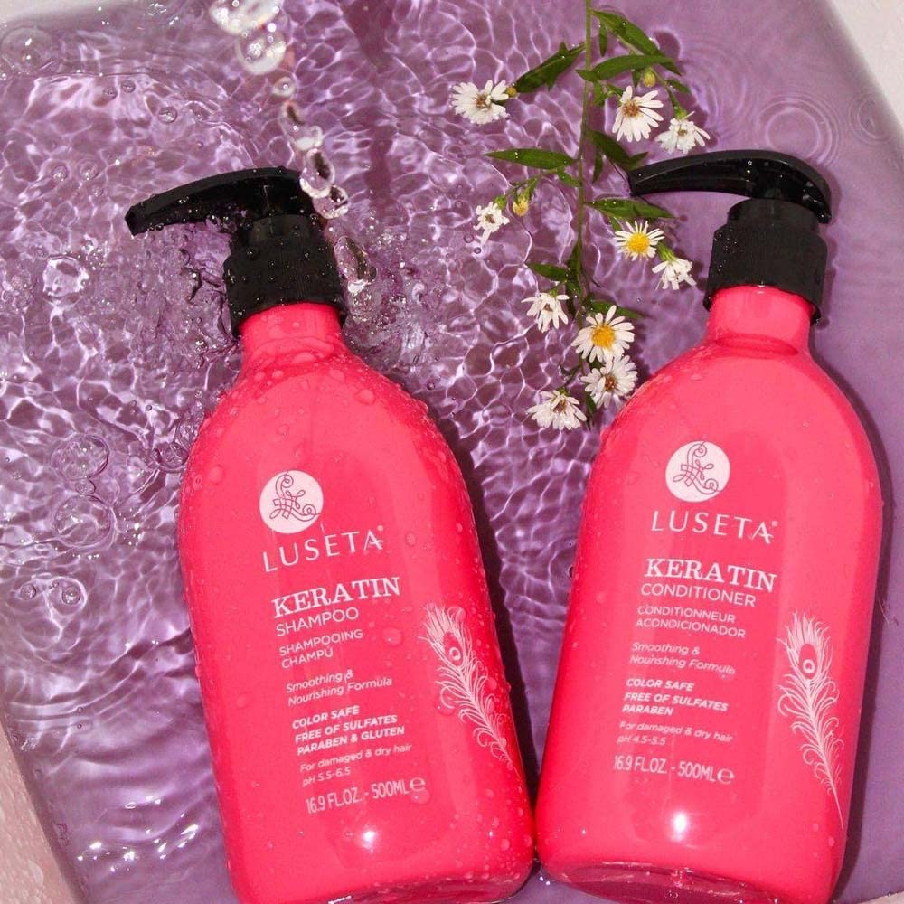 L LUSETA Keratin Shampoo label notes gluten-free and paraben-free benefits.