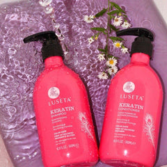 L LUSETA Keratin Shampoo label notes gluten-free and paraben-free benefits.