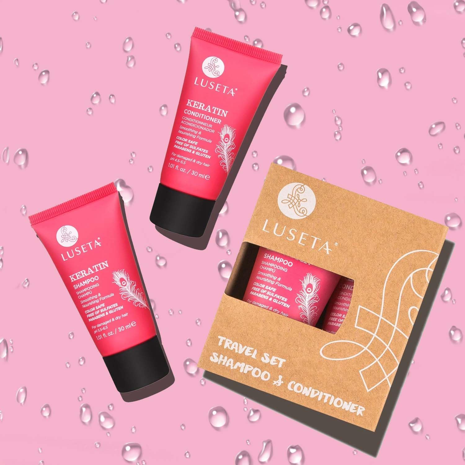 L LUSETA Keratin Shampoo travel-size bottle for on-the-go care.
