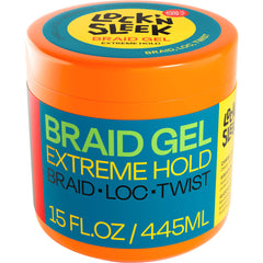 LOCK'N SLEEK bottle displaying extreme hold gel with no flakes for protected styles