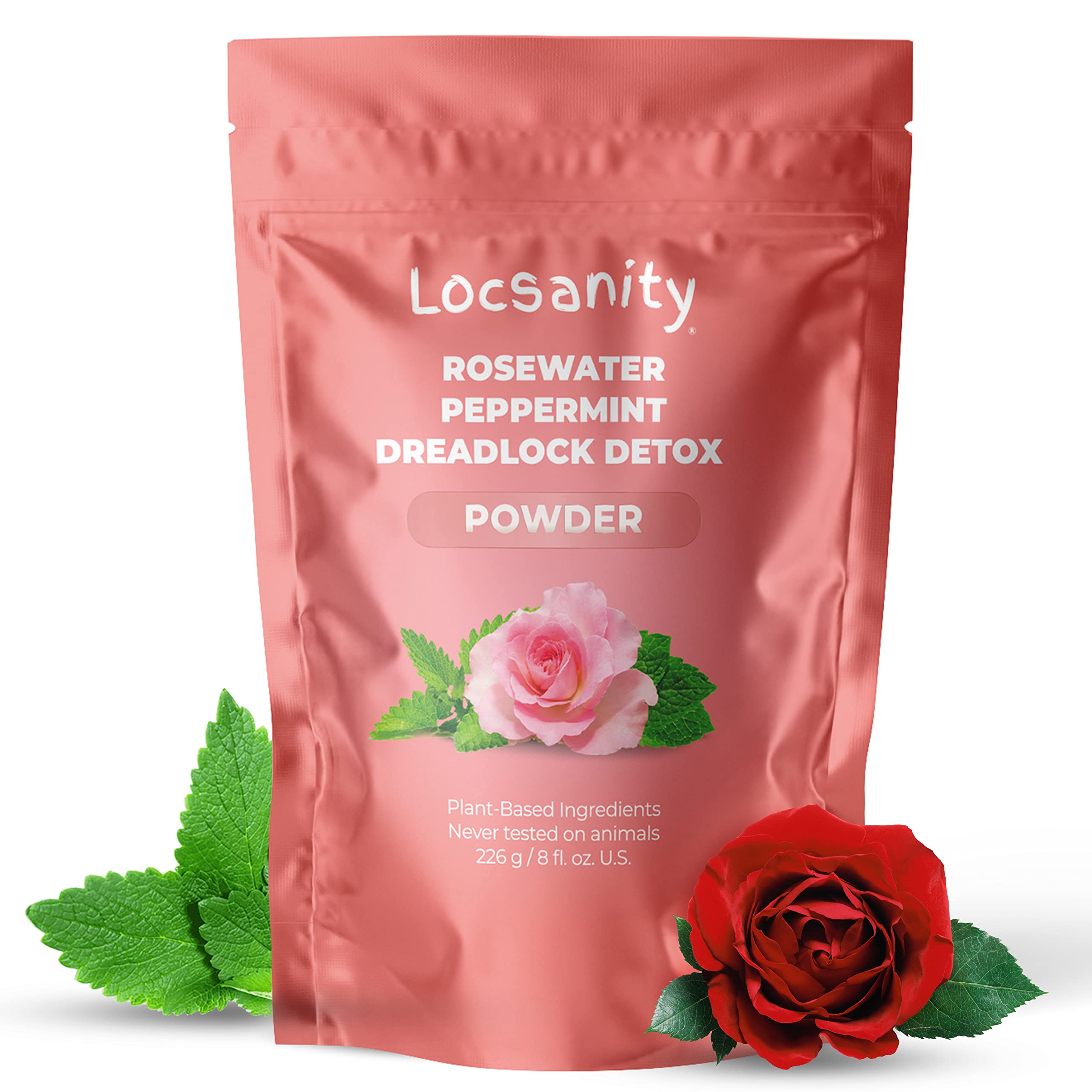 Locsanity dreadlock detox powder packaging highlights natural ingredients for a fresh start.
