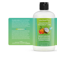 Natural ingredients graphic highlights grapefruit, coconut, lime for nourishing locs.