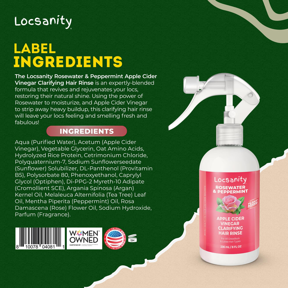 Locsanity ingredients highlight rosewater peppermint and ACV for nourishment