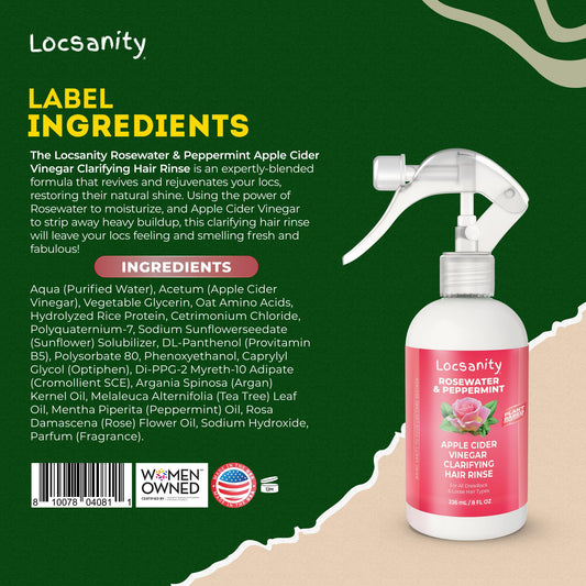 Locsanity ingredients highlight rosewater peppermint and ACV for nourishment