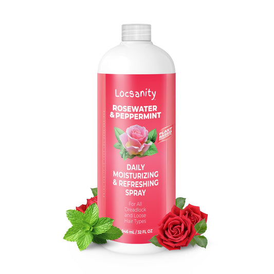 Locsanity Rosewater and Peppermint spray bottle for hydrated locs and scalp.