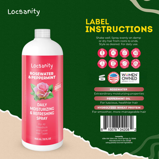 Close-up of Locsanity spray mist refreshing dreadlocks.