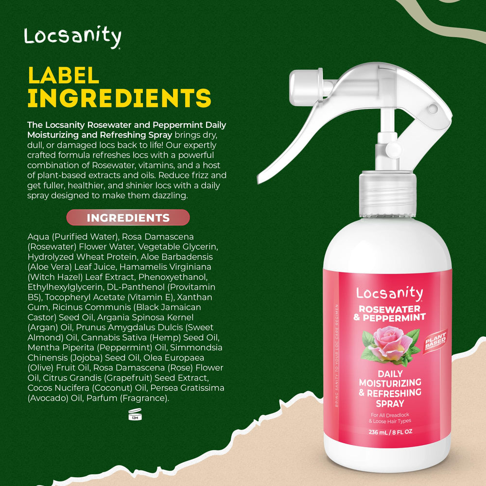 Locsanity ingredients closeup shows rosewater and peppermint for natural care.
