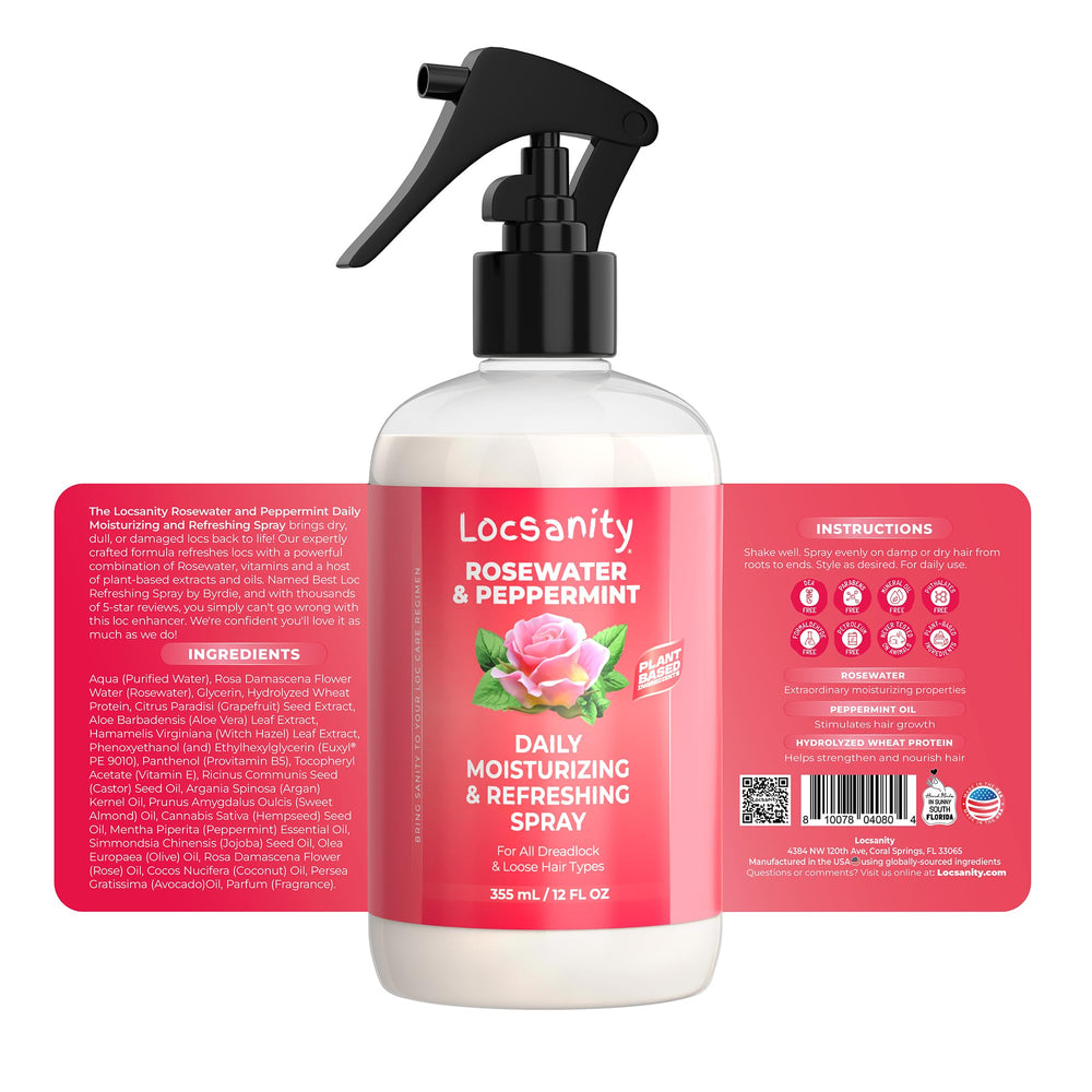Locsanity Rosewater Peppermint Shampoo packaging close-up highlighting natural ingredients.