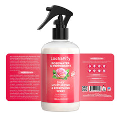 Locsanity Rosewater Peppermint Shampoo packaging close-up highlighting natural ingredients.