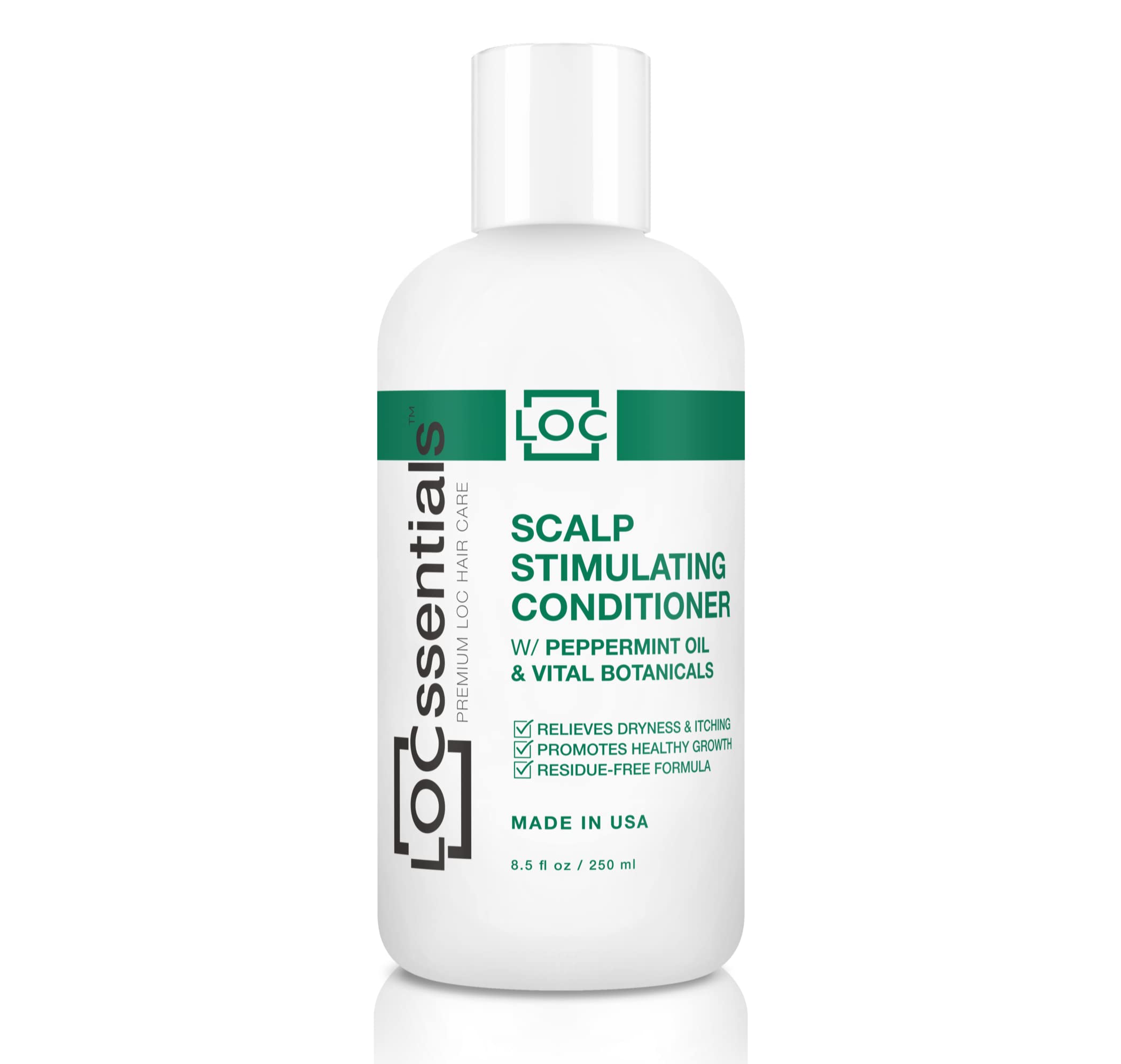 LOCssentials Scalp Stimulating Conditioner bottle pour showing peppermint infusion for a refreshed scalp