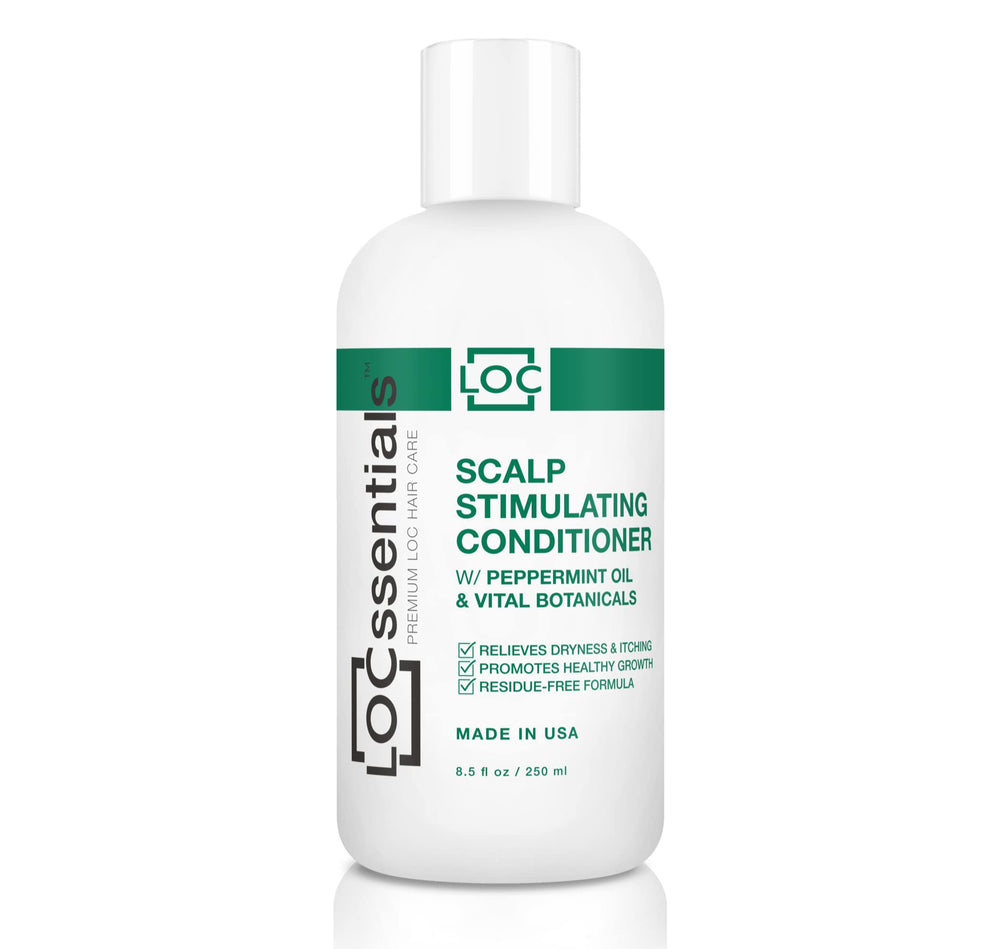 LOCssentials Scalp Stimulating Conditioner bottle pour showing peppermint infusion for a refreshed scalp